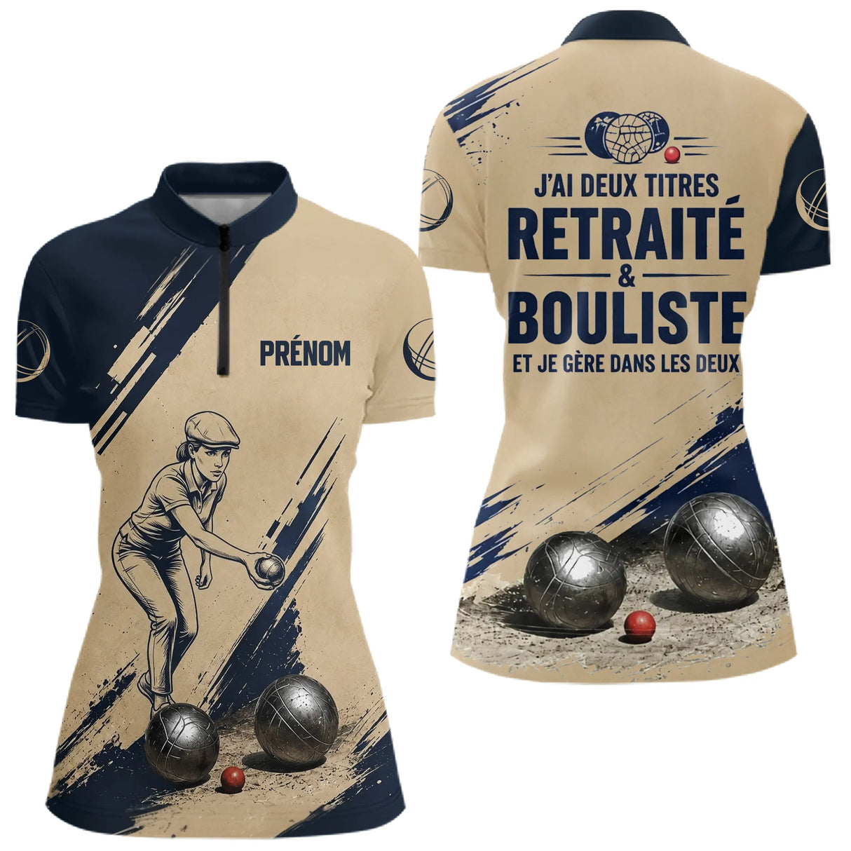 Polo Pétanque Beige Bleu - Style Retraité Personnalisé - Polo Zippé Femme