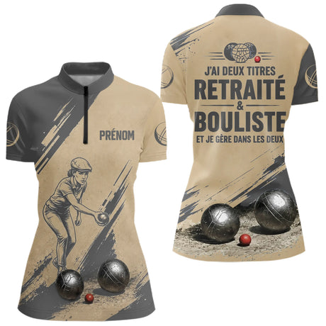 Polo Pétanque Beige Gris - Style Retraité Personnalisé - Polo Zippé Femme