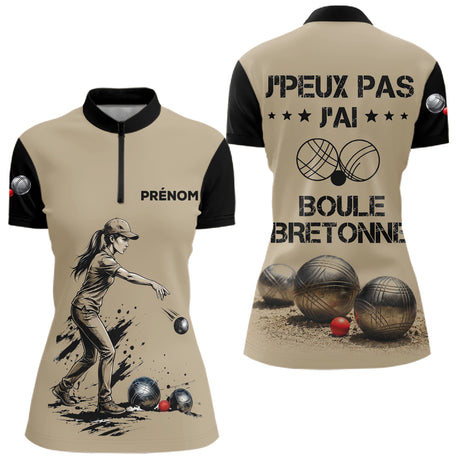 Polo Pétanque Beige & Noir - Boule Bretonne Personnalisé - Polo Zippé Femme
