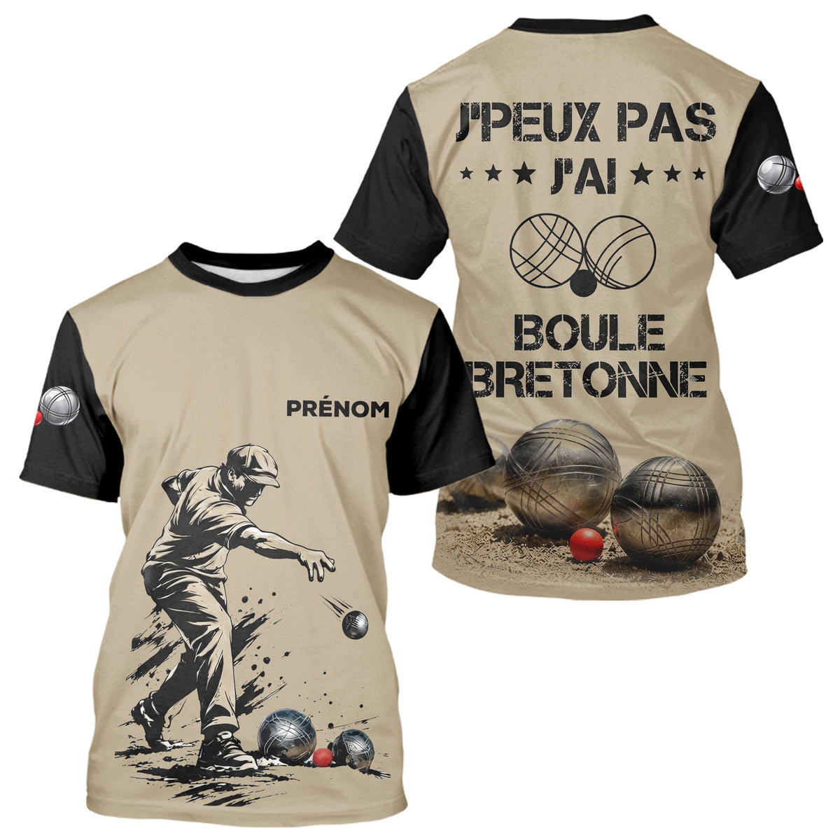 Polo Pétanque Beige & Noir - Boule Bretonne Personnalisé - T-Shirt Homme