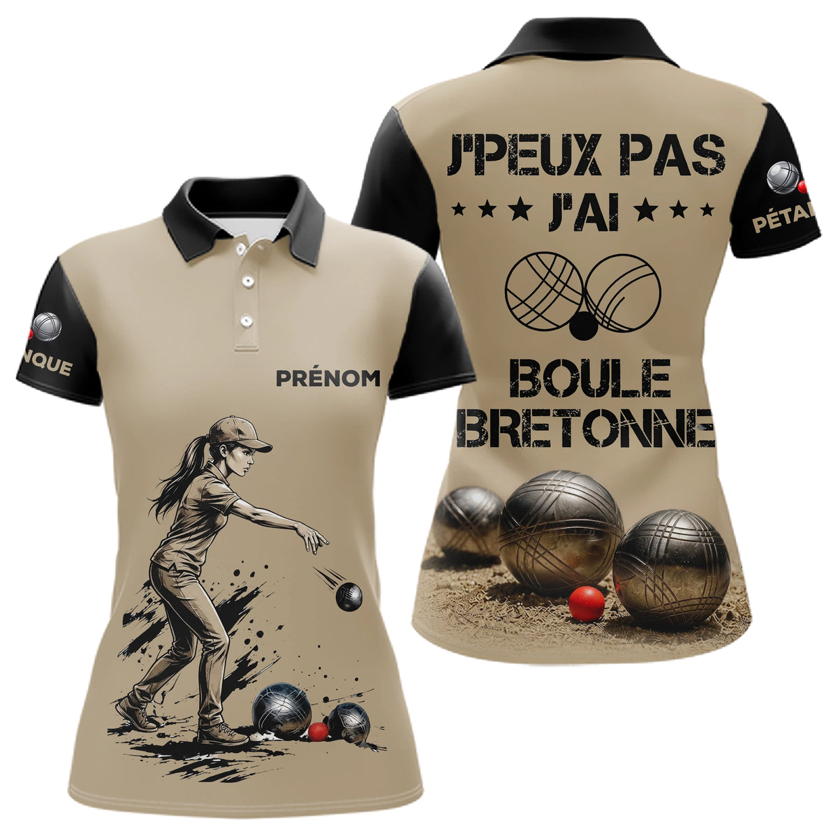 Polo Pétanque Beige & Noir - Personnalisé Boule Bretonne - Polo Femme