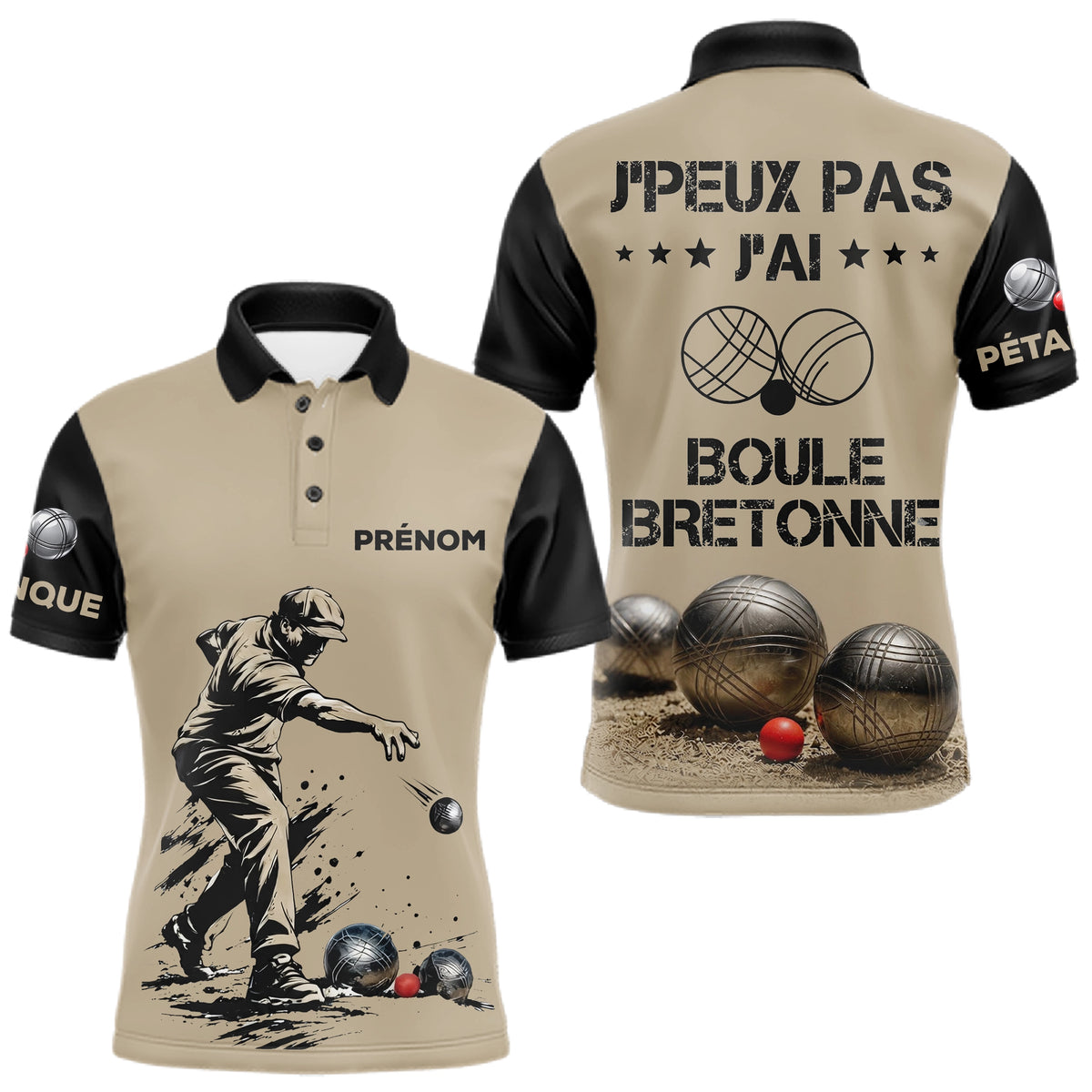 Polo Pétanque Beige & Noir - Personnalisé Boule Bretonne - Polo Homme