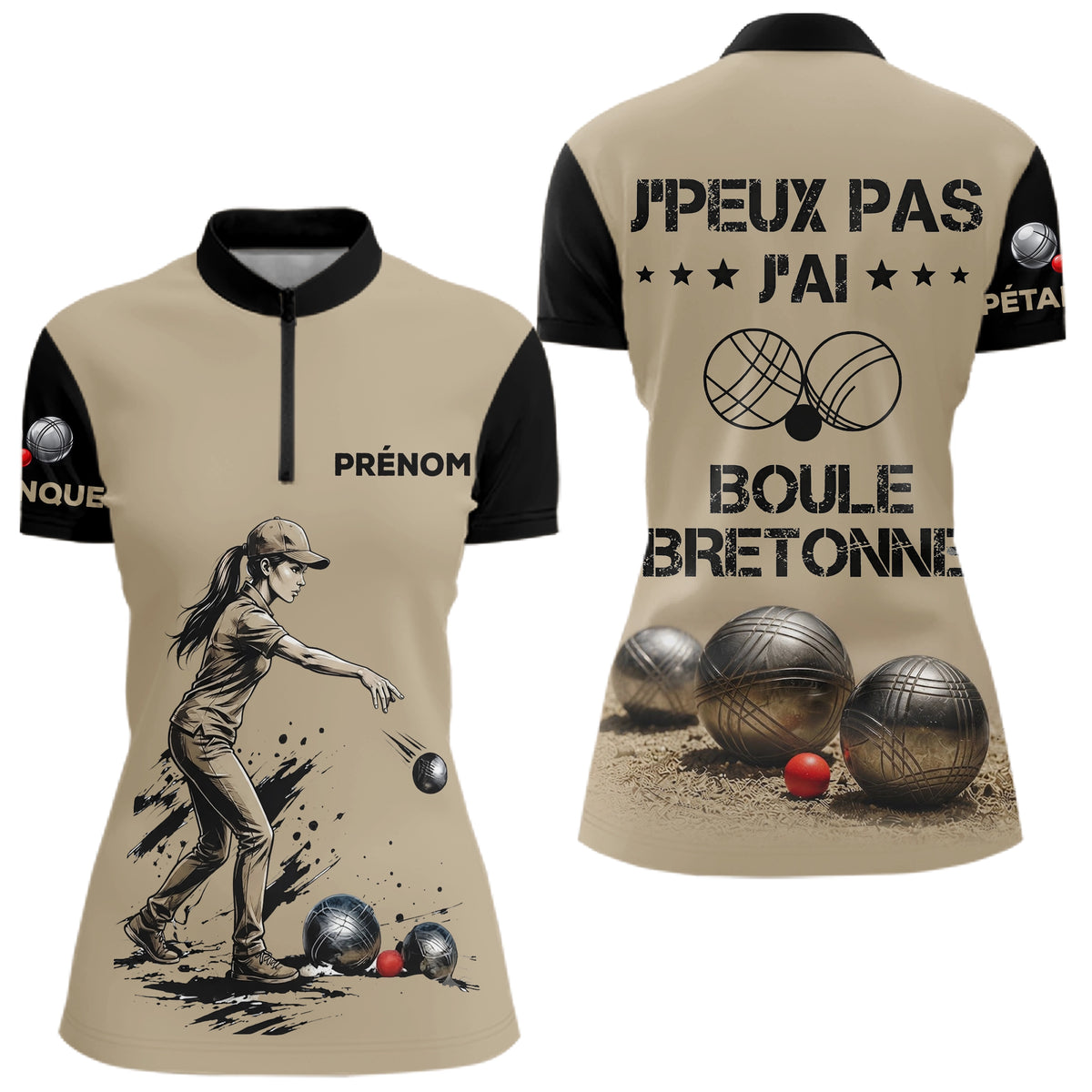 Polo Pétanque Beige & Noir - Personnalisé Boule Bretonne - Polo Zippé Femme