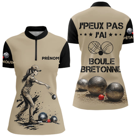 Polo Pétanque Beige & Noir - Personnalisé Boule Bretonne - Polo Zippé Femme