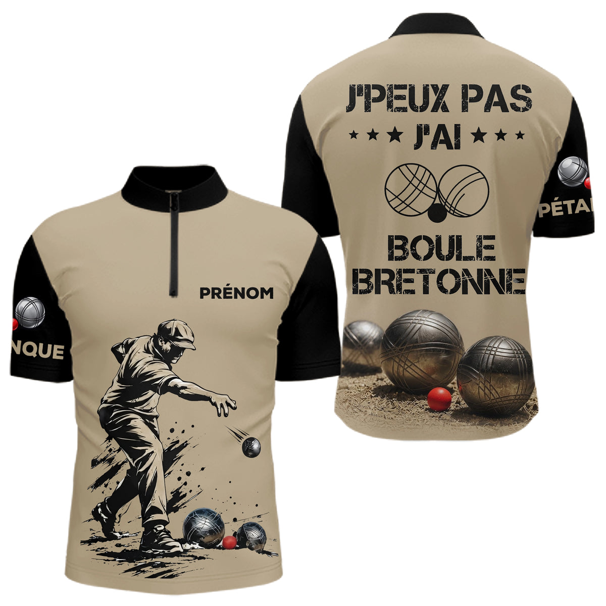 Polo Pétanque Beige & Noir - Personnalisé Boule Bretonne - Polo Zippé Homme