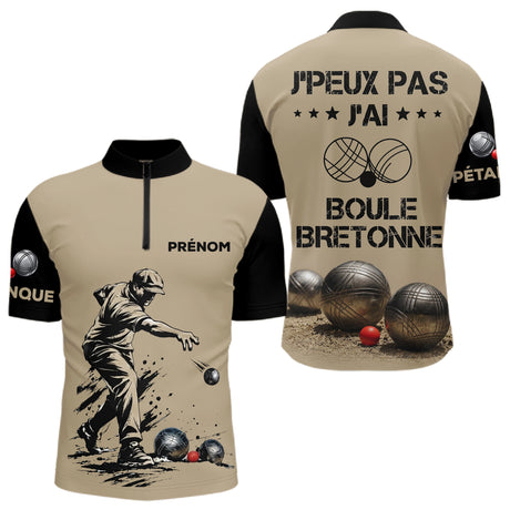 Polo Pétanque Beige & Noir - Personnalisé Boule Bretonne - Polo Zippé Homme