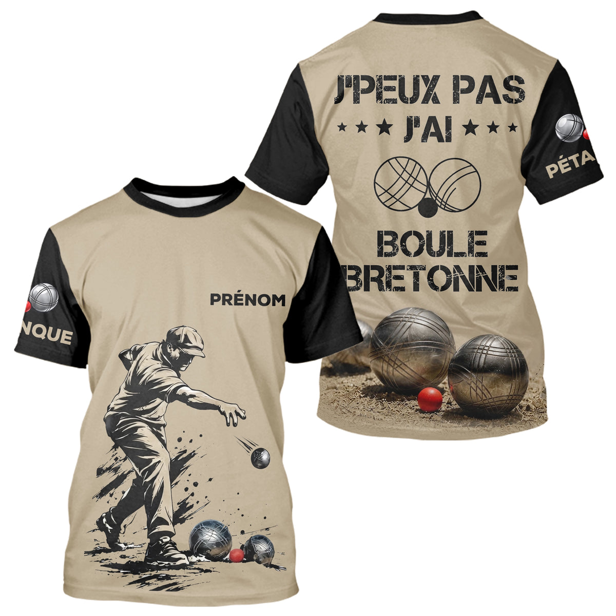 Polo Pétanque Beige & Noir - Personnalisé Boule Bretonne - T-Shirt Homme
