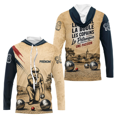 Polo Pétanque Beige Personnalisé - Vintage Passion Bouliste - Long Sleeves Hoodie Homme