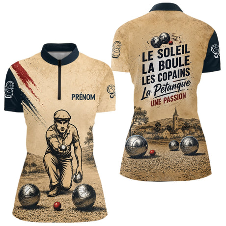 Polo Pétanque Beige Personnalisé - Vintage Passion Bouliste - Polo Zippé Femme