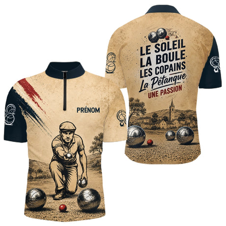 Polo Pétanque Beige Personnalisé - Vintage Passion Bouliste - Polo Zippé Homme