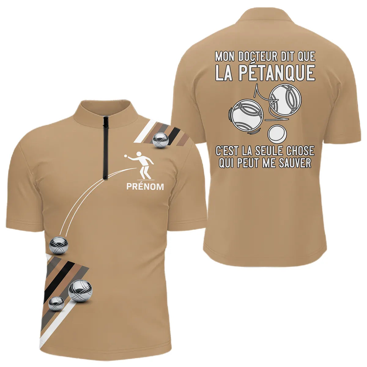 Polo Pétanque Beige Sable Humour - Personnalisation Exclusive - Polo Zippé Homme
