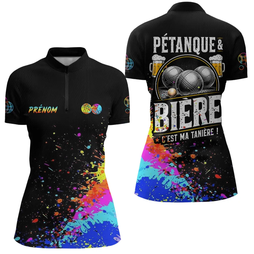 Polo Pétanque Bière Boules - Noir & Fluore Personnalisé - Polo Zippé Femme