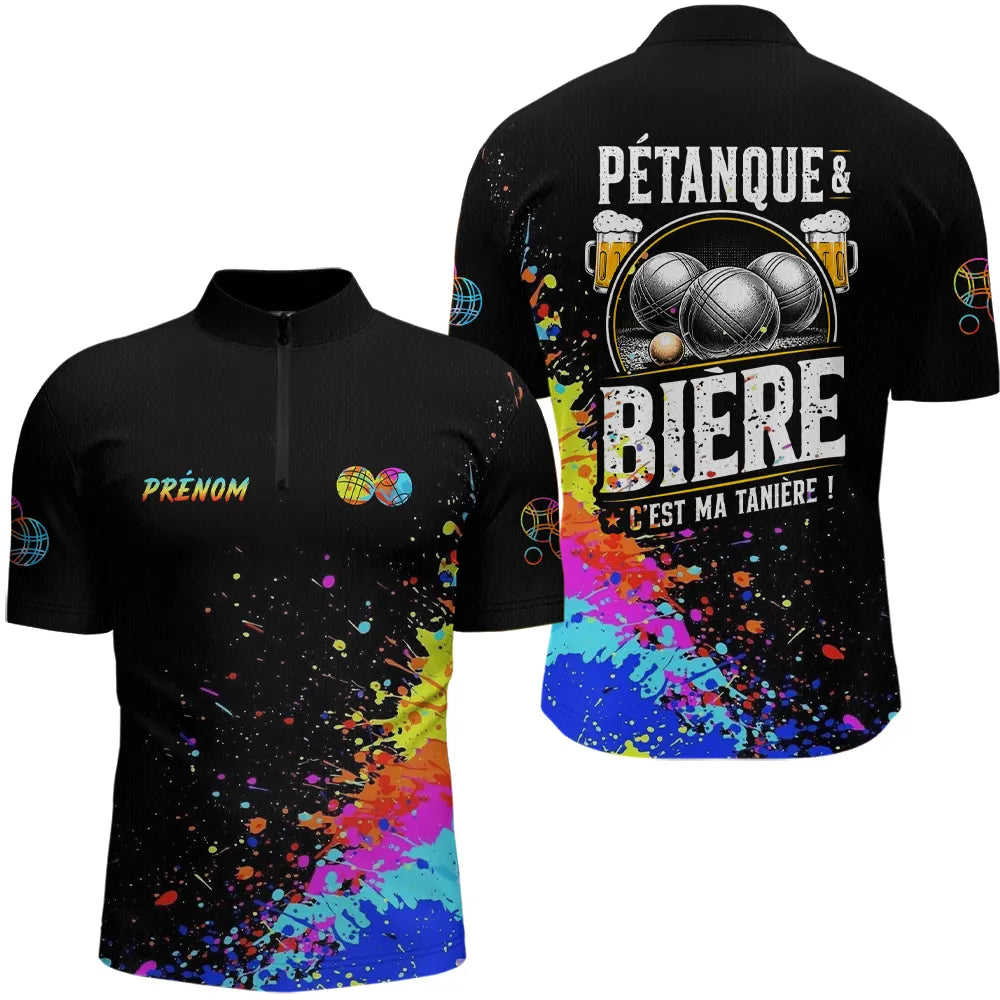 Polo Pétanque Bière Boules - Noir & Fluore Personnalisé - Polo Zippé Homme