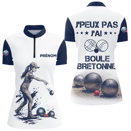 Polo Pétanque Blanc & Bleu - Boule Bretonne Personnalisé - Polo Zippé Femme