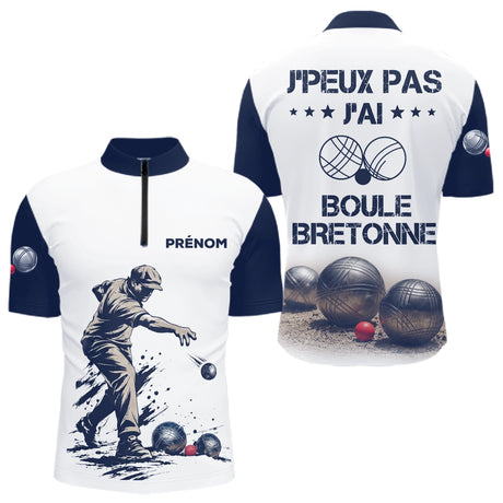 Polo Pétanque Blanc & Bleu - Boule Bretonne Personnalisé - Polo Zippé Homme