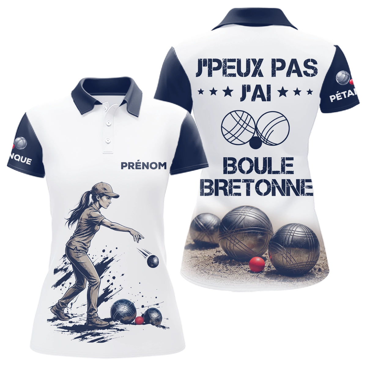 Polo Pétanque Blanc & Bleu - Personnalisé Boule Bretonne - Polo Femme