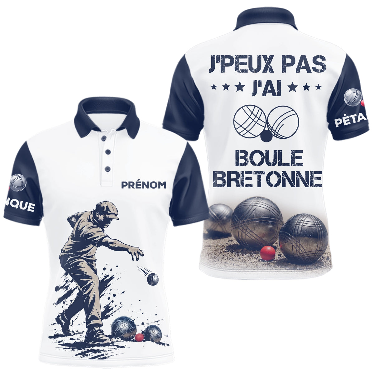 Polo Pétanque Blanc & Bleu - Personnalisé Boule Bretonne - Polo Homme