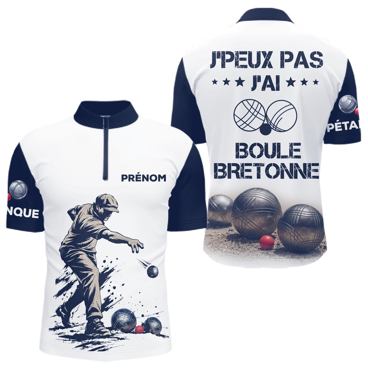 Polo Pétanque Blanc & Bleu - Personnalisé Boule Bretonne - Polo Zippé Homme