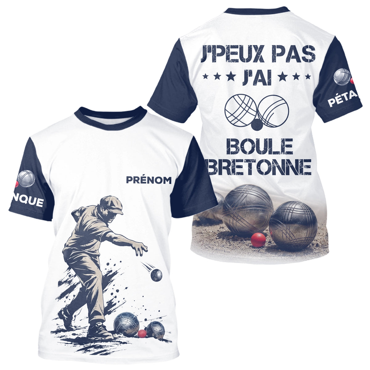 Polo Pétanque Blanc & Bleu - Personnalisé Boule Bretonne - T-Shirt Homme