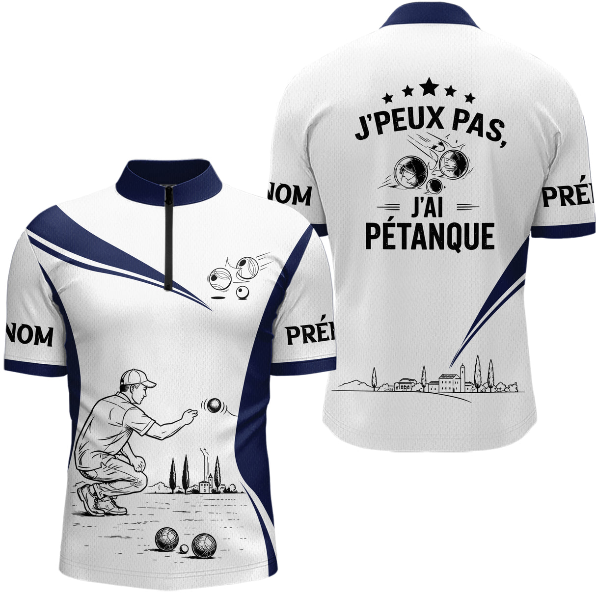 Polo Pétanque Blanc Bleu – Design Exclusif France - Polo Zippé Homme