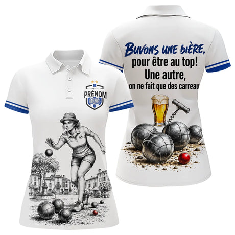 Polo Pétanque Blanc & Bleu Personnalisé - Buvons Une Bière - Polo Femme