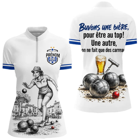 Polo Pétanque Blanc & Bleu Personnalisé - Buvons Une Bière - Polo Zippé Femme