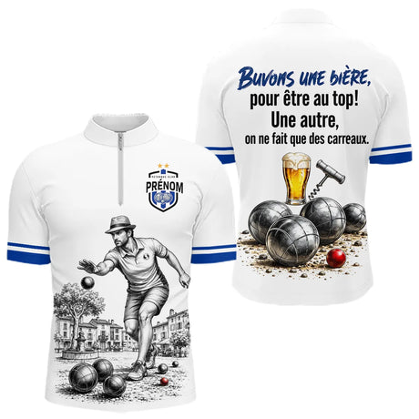 Polo Pétanque Blanc & Bleu Personnalisé - Buvons Une Bière - Polo Zippé Homme
