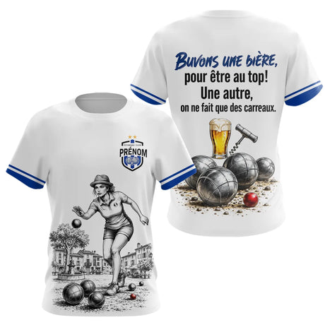 Polo Pétanque Blanc & Bleu Personnalisé - Buvons Une Bière - T-Shirt Femme