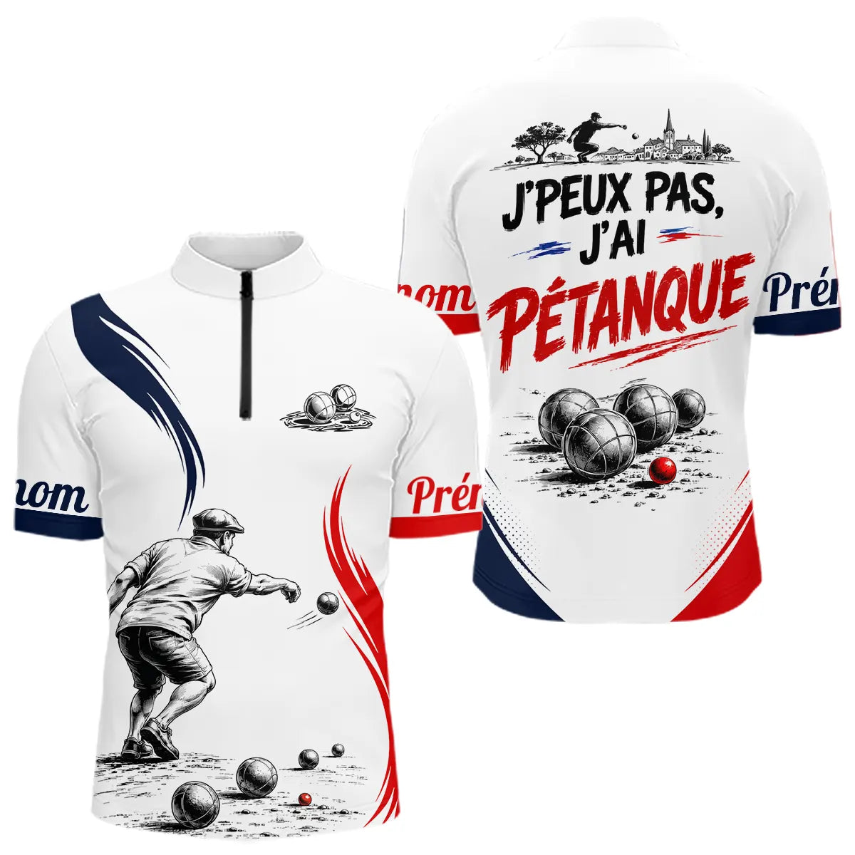 Polo Pétanque Blanc Bleu Rouge - Design J'peux Pas J'ai - Polo Zippé Homme