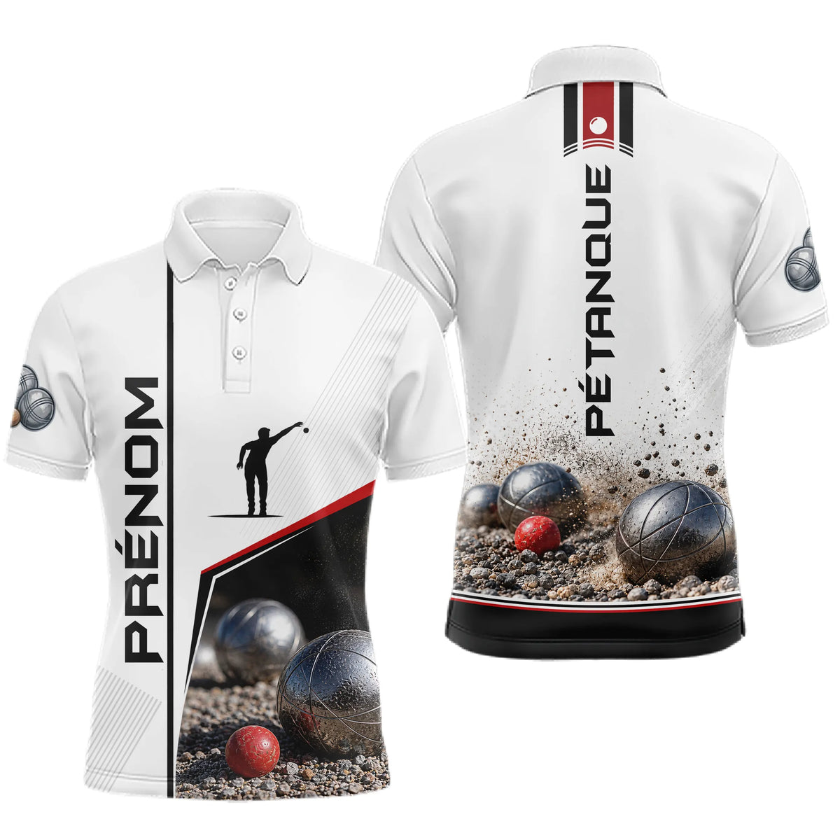 Polo Pétanque Blanc Boules & Silhouette - Personnalisé Homme Femme - Polo Homme