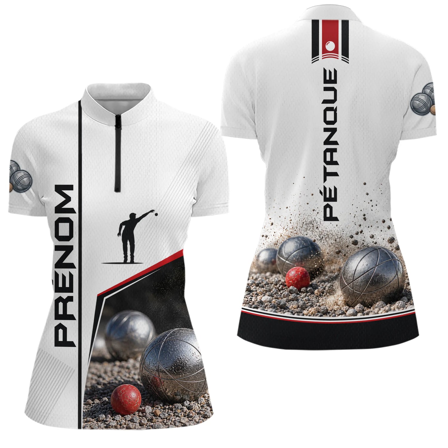 Polo Pétanque Blanc Boules & Silhouette - Personnalisé Homme Femme - Polo Zippé Femme
