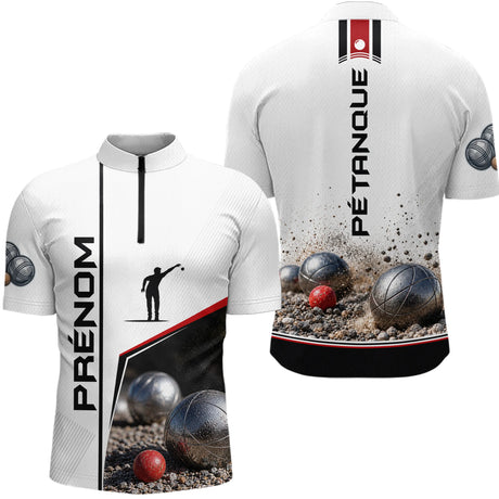 Polo Pétanque Blanc Boules & Silhouette - Personnalisé Homme Femme - Polo Zippé Homme