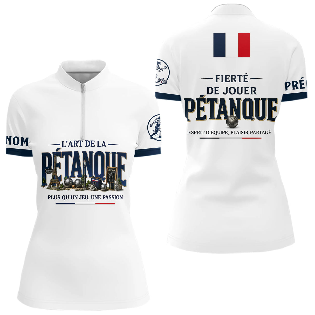 Polo Pétanque Blanc Français - Fierté & Esprit d'Équipe - Polo Zippé Femme