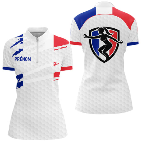 Polo Pétanque Blanc Homme Femme  - Personnalisé Drapeau France - Polo Zippé Femme
