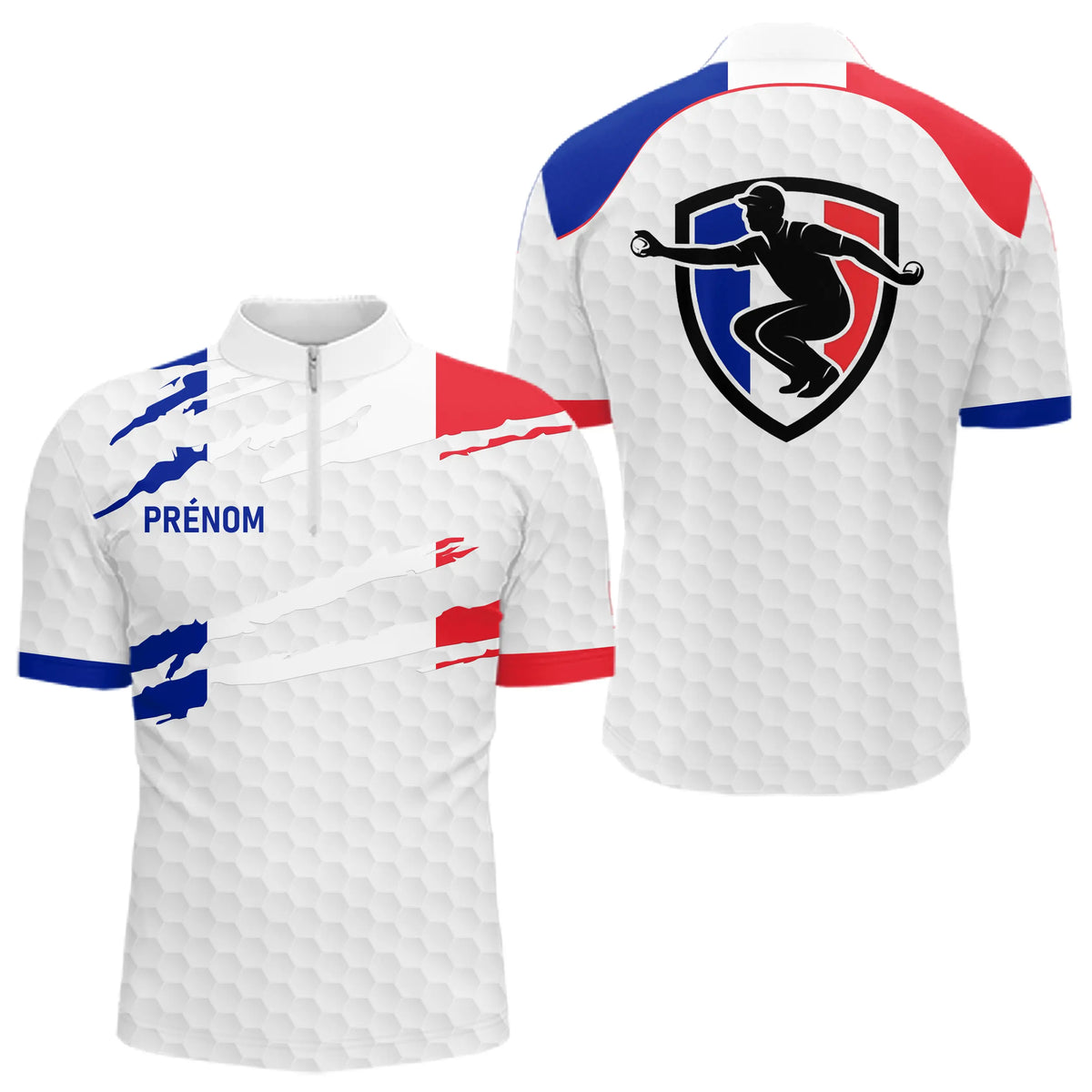 Polo Pétanque Blanc Homme Femme  - Personnalisé Drapeau France - Polo Zippé Homme
