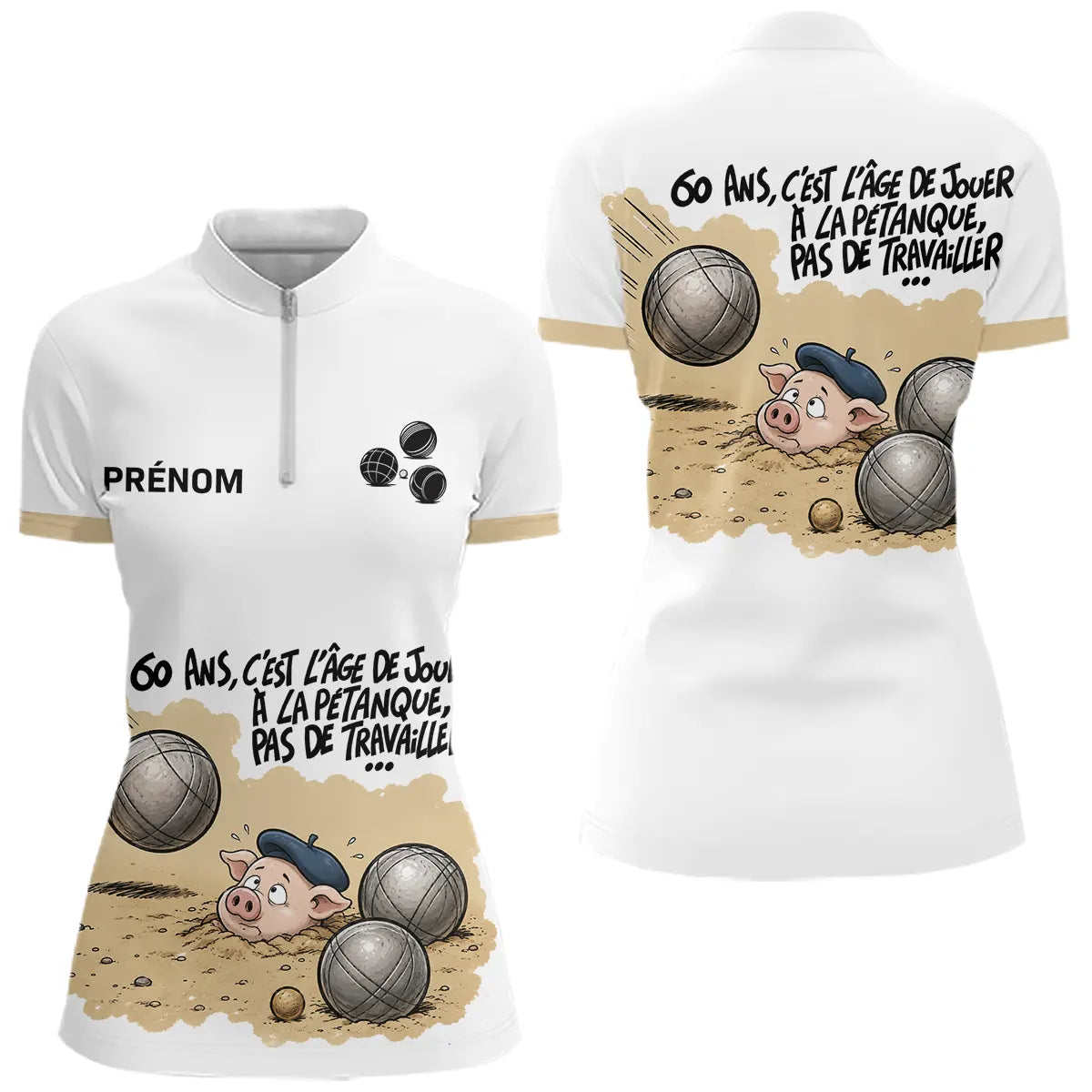 Polo Pétanque Blanc Homme & Femme - Sable 60 Ans - Polo Zippé Femme