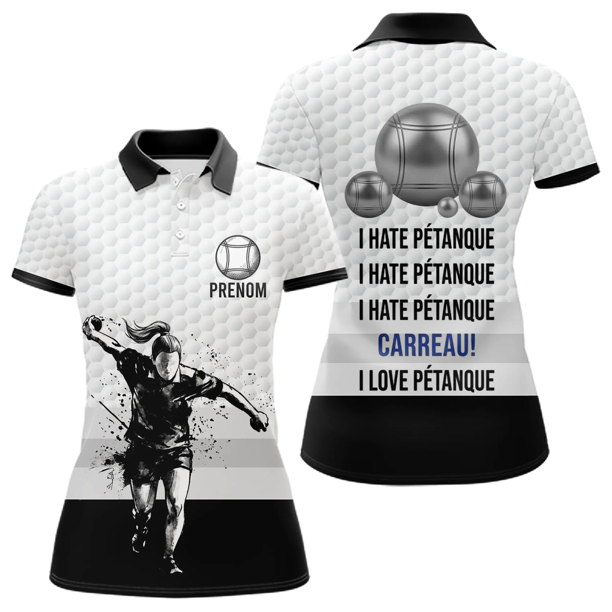 Polo Pétanque Blanc Noir - Homme Femme Personnalisé Carreau - Polo Femme