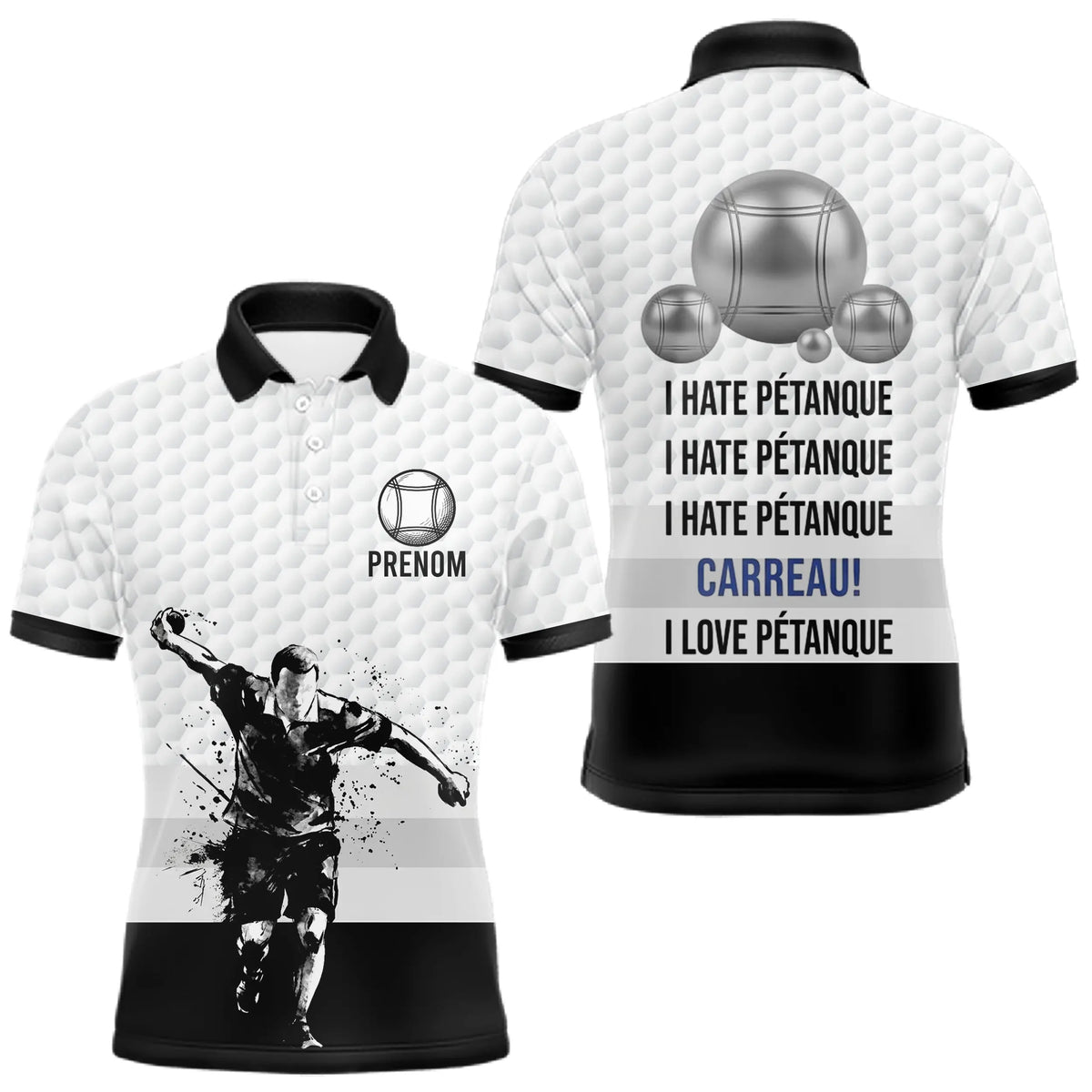 Polo Pétanque Blanc Noir - Homme Femme Personnalisé Carreau - Polo Homme