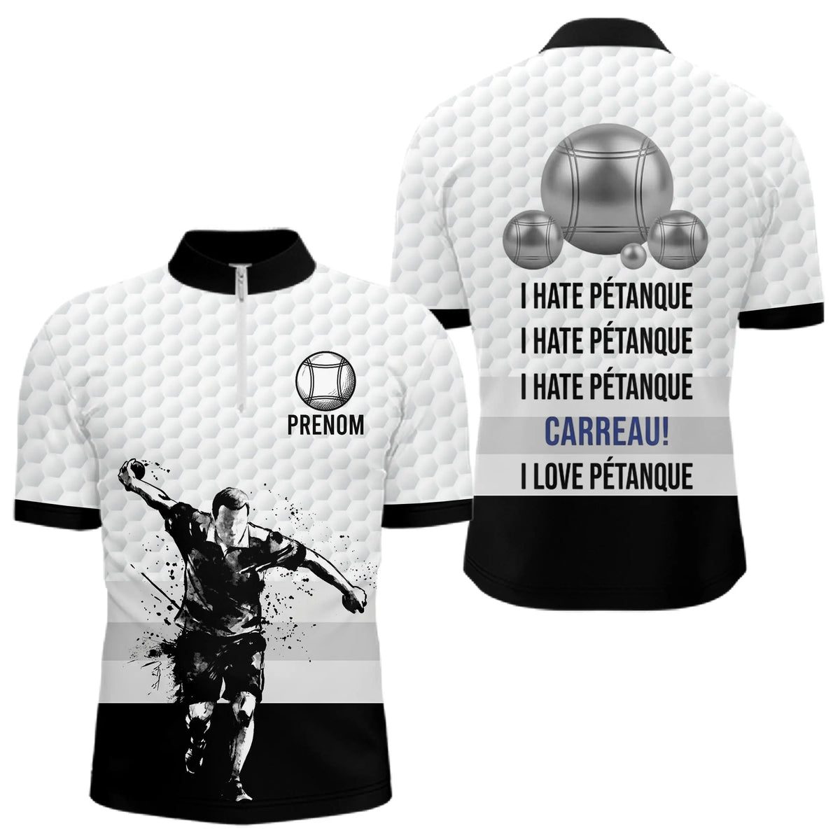Polo Pétanque Blanc Noir - Homme Femme Personnalisé Carreau - Polo Zippé Homme