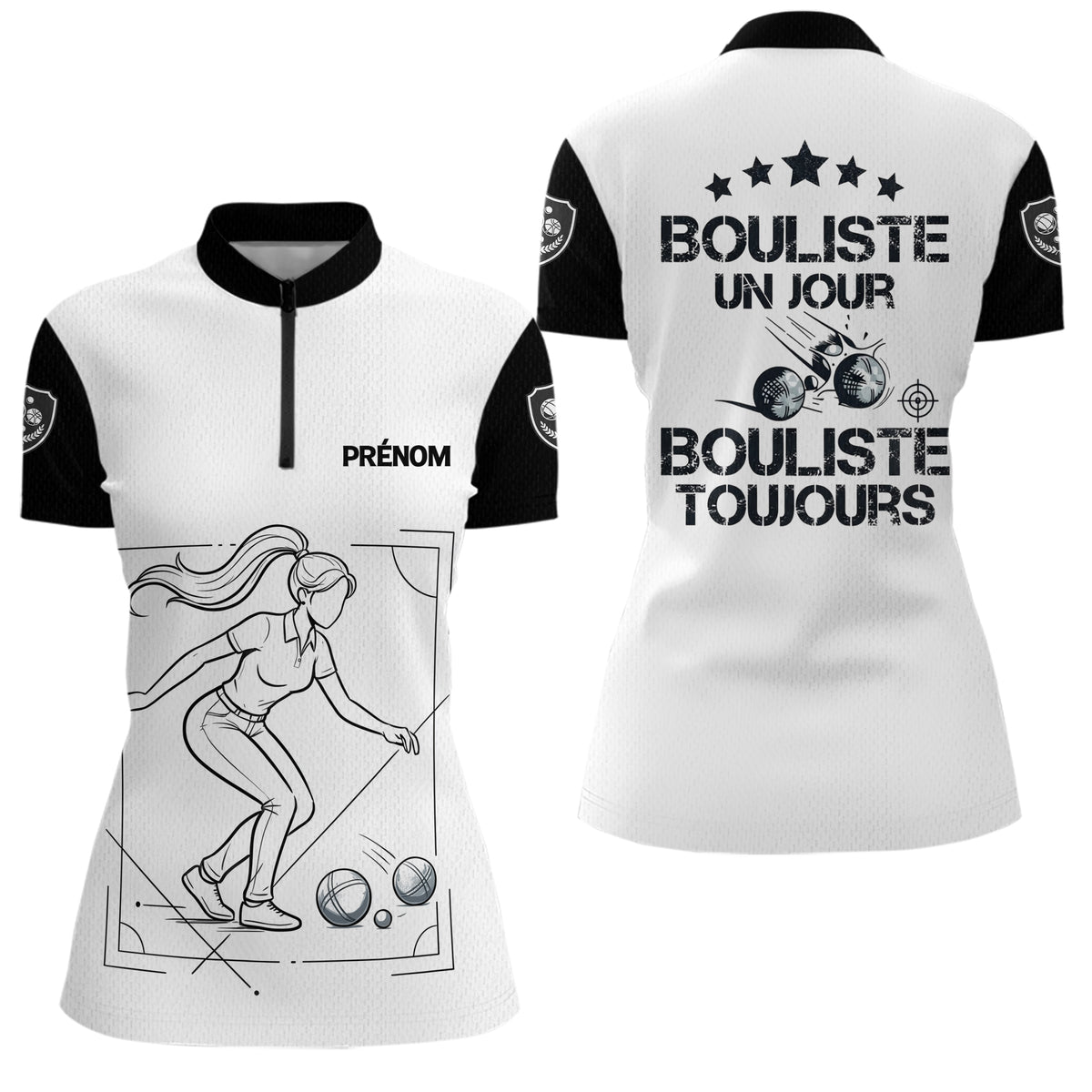Polo Pétanque Blanc Noir Personnalisé - Homme Femme Bouliste Toujours- Polo Zippé Femme