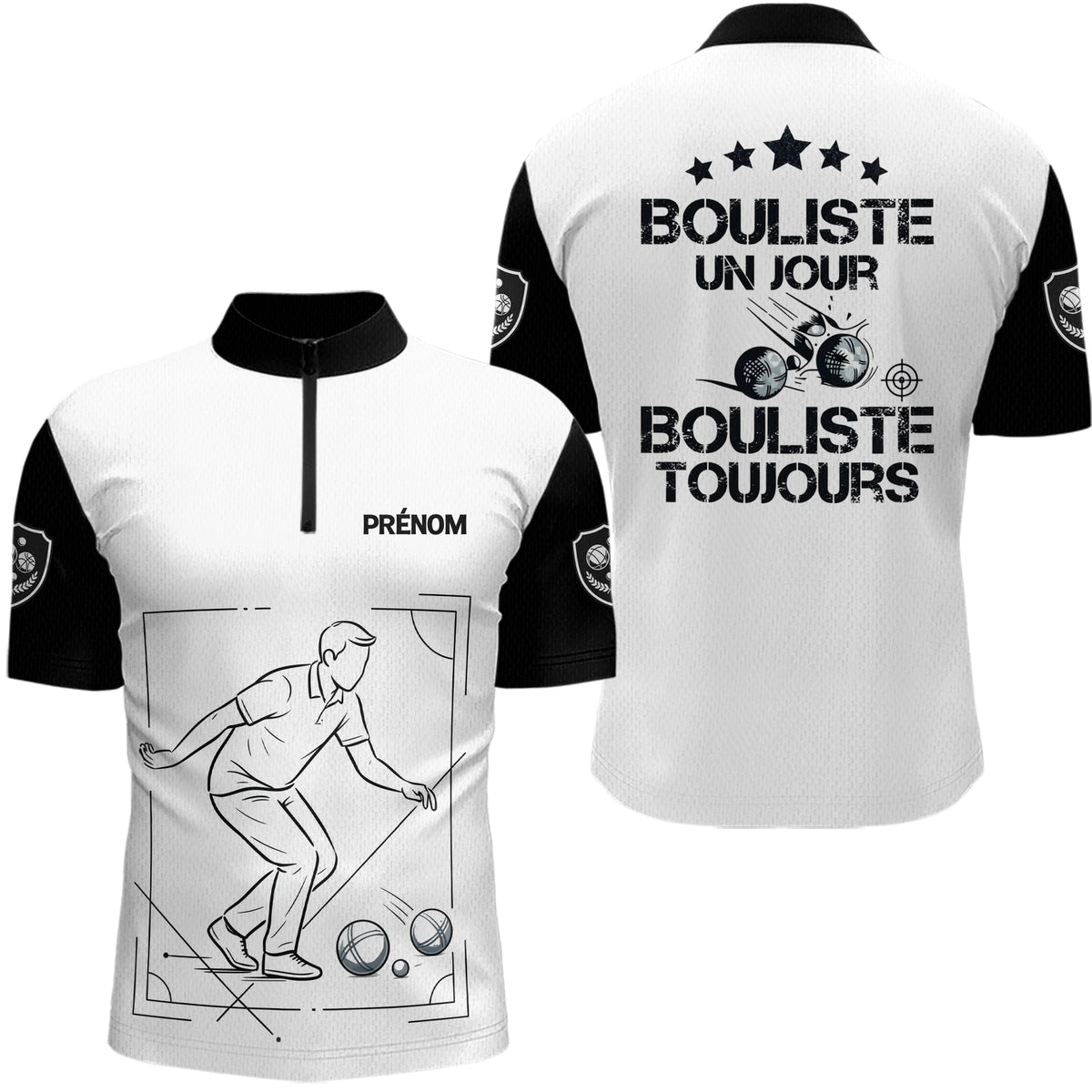 Polo Pétanque Blanc Noir Personnalisé - Homme Femme Bouliste Toujours- Polo Zippé Homme