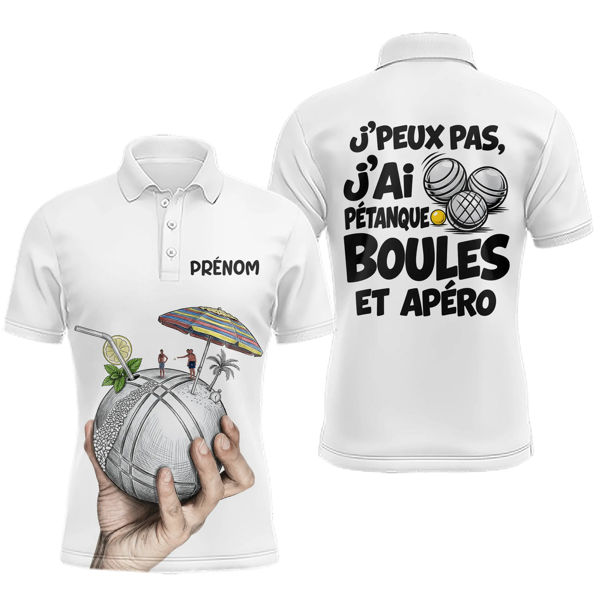 Polo Pétanque Blanc Personnalisé - Boules & Apéro - Polo Homme