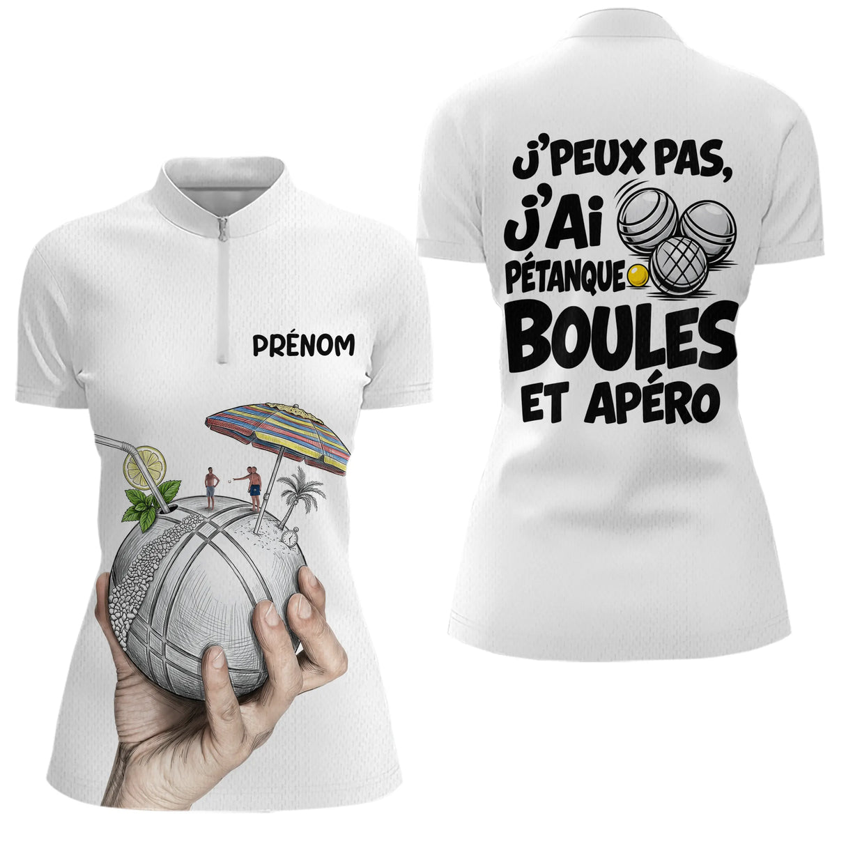 Polo Pétanque Blanc Personnalisé - Boules & Apéro - Polo Zippé Femme