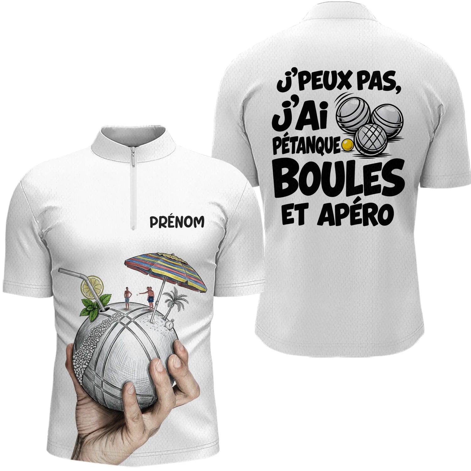 Polo Pétanque Blanc Personnalisé - Boules & Apéro - Polo Zippé Homme