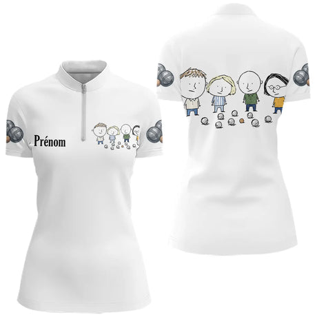 Polo Pétanque Blanc Personnalisé - Design Bande d’Amis - Polo Zippé Femme