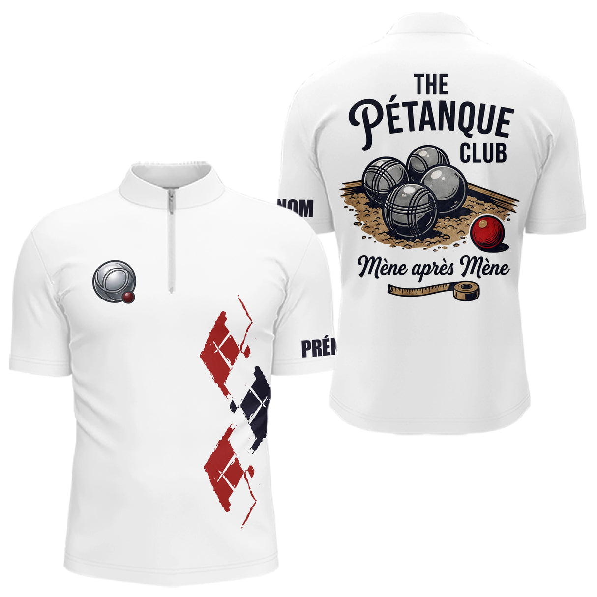 Polo Pétanque Blanc Personnalisé - Design Club & Mène - Polo Zippé Homme