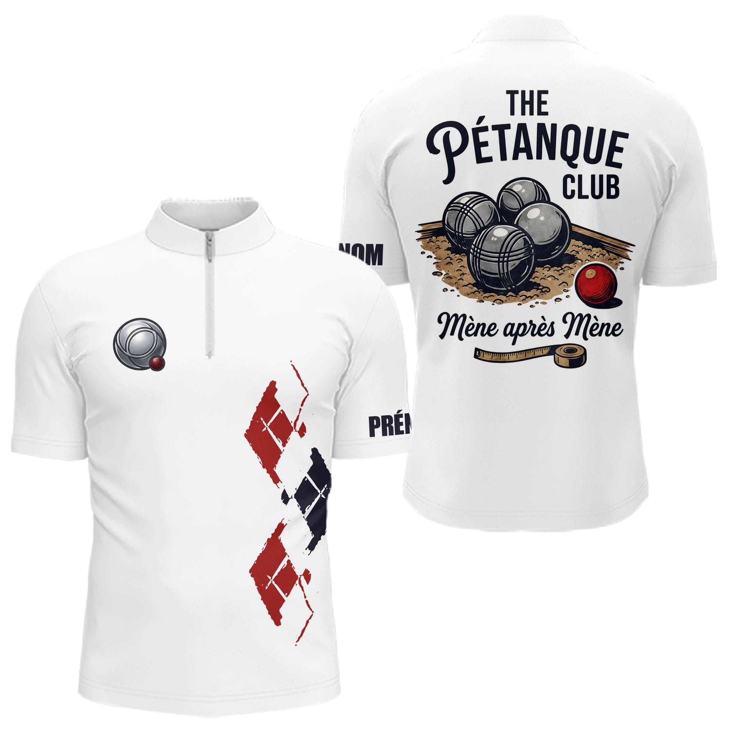 Polo Pétanque Blanc Personnalisé - Design Club & Mène - Polo Zippé Homme