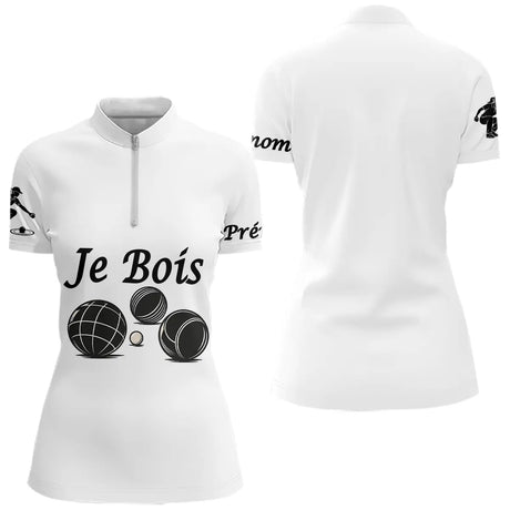Polo Pétanque Blanc Personnalisé - Je Bois - Polo Zippé Femme