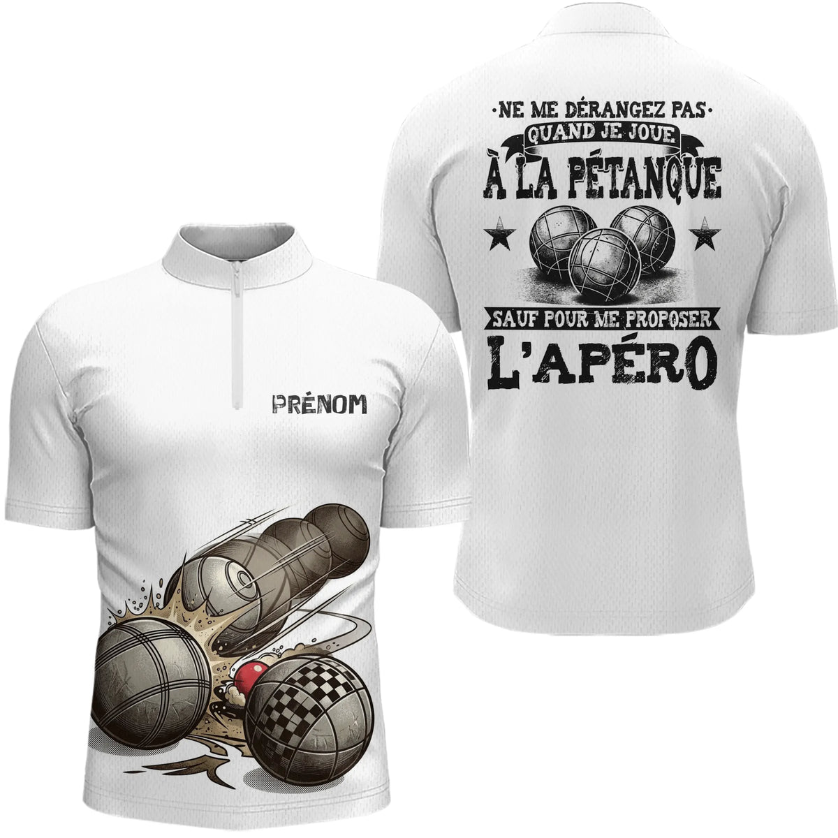 Polo Pétanque Blanc Personnalisé Apéro - Drôle Boules - Polo Zippé Homme