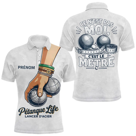 Polo Pétanque Blanc Personnalisé Humour - Le Mètre - Polo Homme